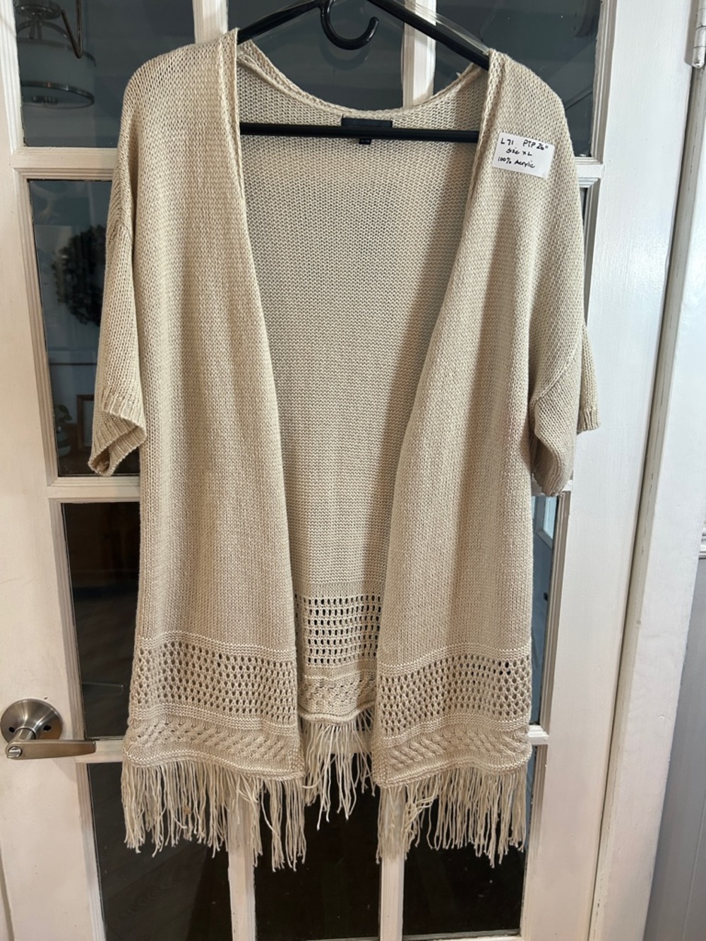 L71.   Warehouse Cream Open-Front Fringe Knit Cardigan